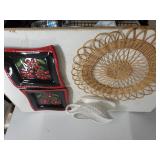 White Gravy Boat. Ceramic Flower Ashtray,  Wicker