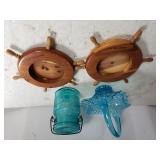 Wooden Ships Wheel Coasters & Blue Glass Basket &
