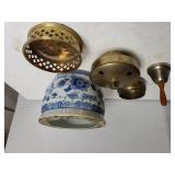 Ethan Allen Gold Dish, Blue Flowered Flower Pot &