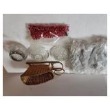 Beveled Clear Glass Candle Holders. Red Beads,