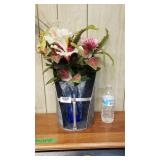 Marbled Glass Vase With Fabric Flowers In Metal