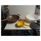 Wok, Plastic Mixing Bowl, Metal Pie Pan, Plastic