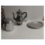 Silver Like Metal Serving Plate, Coffee Pot, And