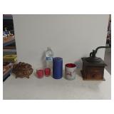 Vintage Coffee Grinder, (4) Candles, And Trinket