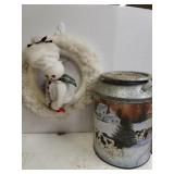 Snowman Wreath & Decorative Popcorn Milk Can