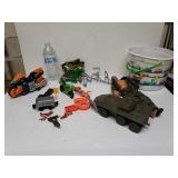 Car Bucket Of Military Toys, Motorcycles, And
