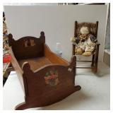 Vintage Baby Cradle And Wooden Rocker With Doll