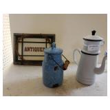 Antiques Sign And Enamel Coffee Pot With Cup And