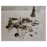 Bag Of Costume Jewelry And Metal Snowman Bell