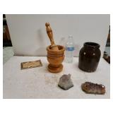 Wooden Mortar & Pestle, Stone Crock, Crystal