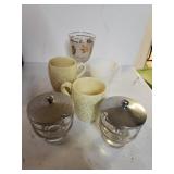 Assorted Mugs, Sugar Dishes,  Gold Leaf Stemware
