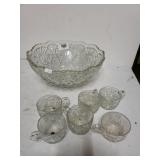 Beveled Glass Punch Bowl & Cups