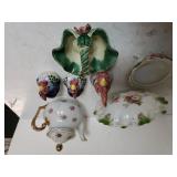 Flowered Glass Bowl, Teapot,  Chicken Salt/pepper