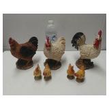 (3) Chicken Statues And (2 Sets) Chicken Salt And