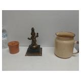 Small Clay Pot With Lid, Metal Boy Statue, And
