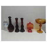 Colored Glass Candle Holder, Decanter, Covered