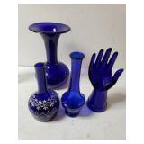 Deep Blue Glass Flower Vases & Hand