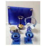 Blue Candle Holders, Blue Glass Basket, Flower