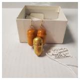 Wooden Acorn Earrings & Pin W/gold Leaf On