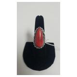 Oversized Red Coral Gemstone Ring - Marked 925 -