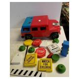 Toy Humvee & Assorted Play Road Signs