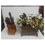 Planter. Missing Leg And Knife Block With Knives