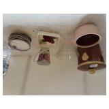 Solara Ware Small Crock, Assorted Saucers,  Thin