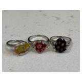 Lot 3 Ornate Murano Glass Silver Tone Rings