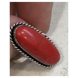 Red Coral Gemstone Ring Marked 925