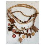 Hand Carved Vintage Wood Necklace Elephant Turtle