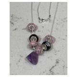 Art Murano Beads w/.925 Necklace Amethyst Charm