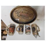 Assorted Budweiser Beer Steins & Blatz Beer Tray