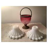 Milk glass candlestick holders and cranberry