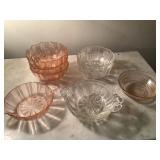 Pink depression and clear glass lot dessert