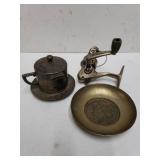 Fishing Reel, Brass Like Ashtray,  Metal Tea Cup