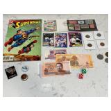 Superman Comic + Collectibles Lot Currency Coins