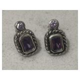 Pair Amethyst Gemstone Earrings Silver Tone
