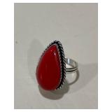 Southwestern Teardrop Red Coral Ring Marked .925