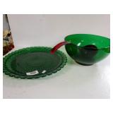 Green Punch Bowl & Serving Plate,  Plastic Ladle