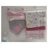 Baby Girl Bibs Headbands And Receiving blankets.