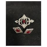 Silver Tone And Ruby Post Back  Earrings, Brooch