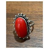 Red Coral Gemstone Ring Marked .925