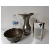 Pewter Vase And Bowl. And A Stainless Steel Flask