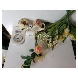 Assorted Artificial Flowers, Clock,  Cream/sugar