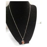 Silver Necklace With Orange Stone. Marked Italy