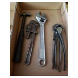 Pliers, Wrench, Pipe Wrench And Hammer