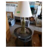 Round Black Trimmed Table & Green Leaf Lamp