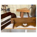 (2) wooden Shelves & (1) 3-legged wooden stool