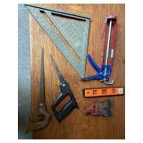 Misc tools - plastic square, caulk gun, level &