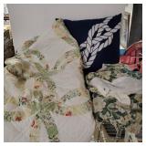 Blue Rope Pillow,  Green Flowered Bed Skirt,
